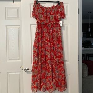Off the shoulder plus size maxi dress. Red paisley print.